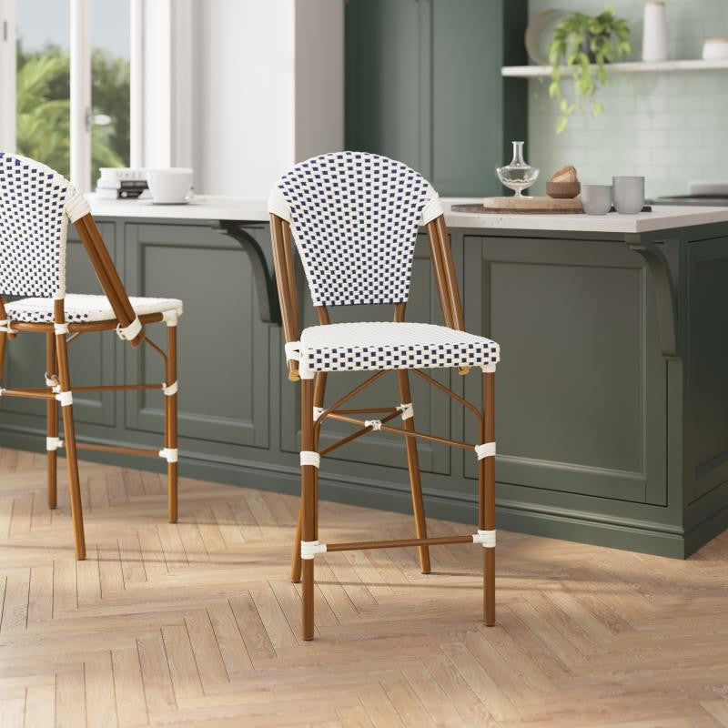 French Bistro 26" Counter Height Stackable Indoor/Outdoor Stool, White & Navy/Natural Frame