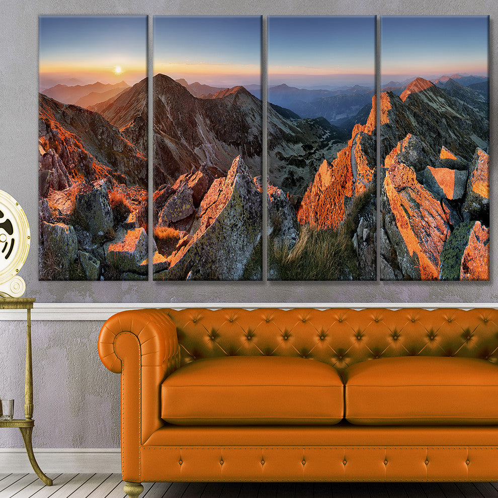 Majestic Sunset in Fall Mountains, Landscape Canvas Art Print, 48"x28", 4 Panels