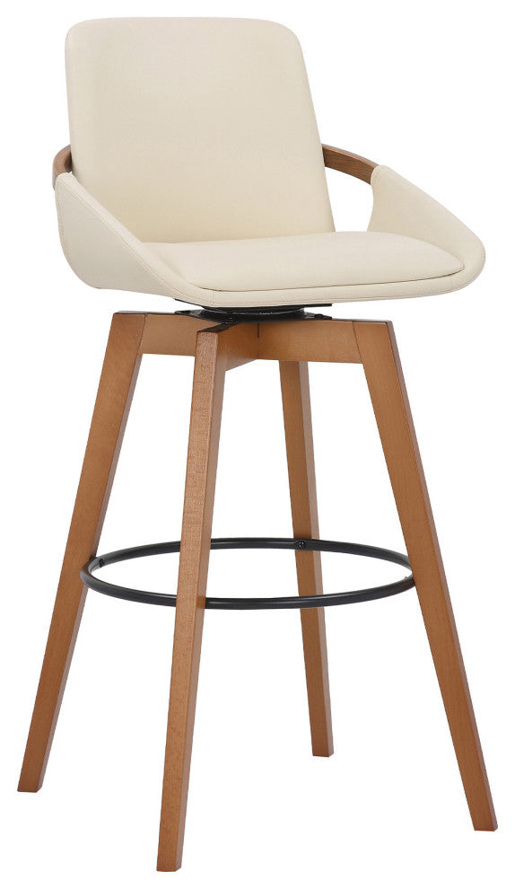 30" Luxurious Cream Faux Leather and Walnut Swivel Bar Stool