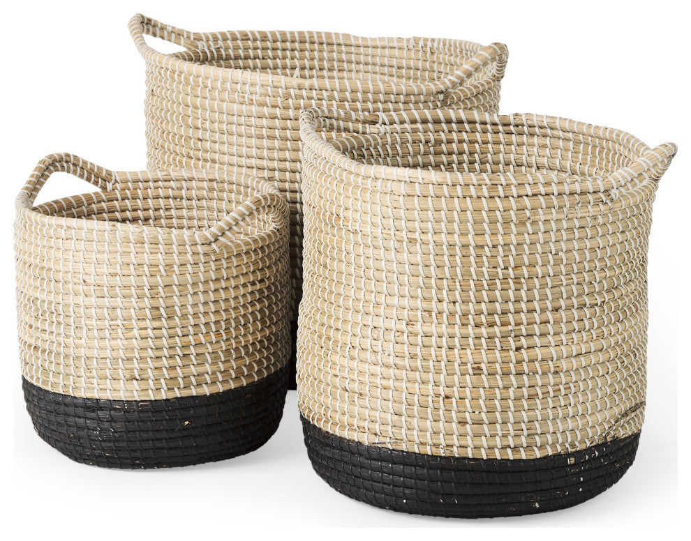 Maddie Light Brown & Black Seagrass Round Baskets (Set of 3)
