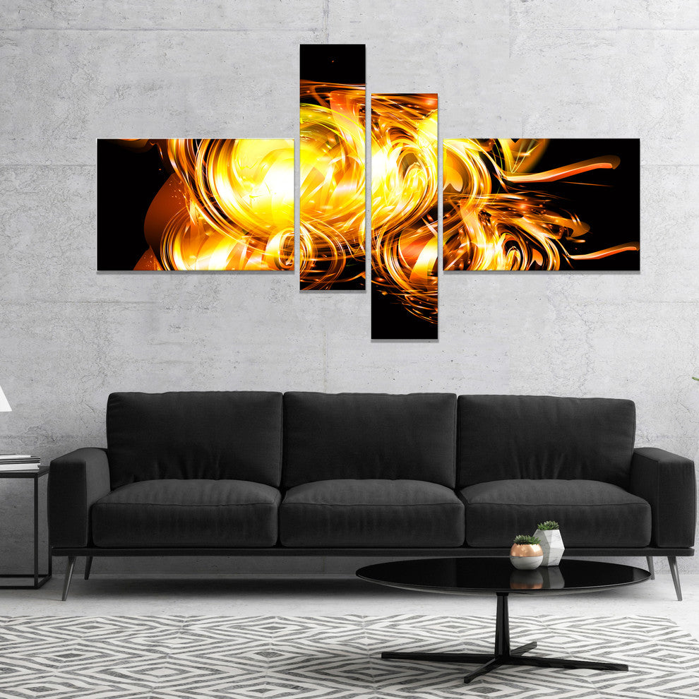 Abstract Fractal Fire on Black, Abstract Canvas Wall Art, 60"x32", 4 panels
