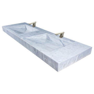 63" Floating Marble Sink, Bego Marble, No Holes, Wall Mounted Faucets