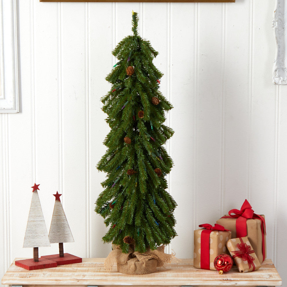 3' Faux Xmas Tree With Pinecones and 50 Multicolored Lights Set, a Burlap Base