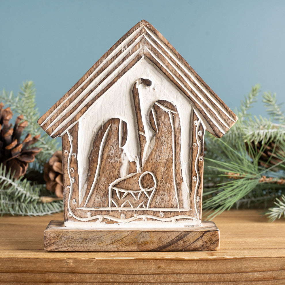 Wood Carved Nativity Barn, Set of 2