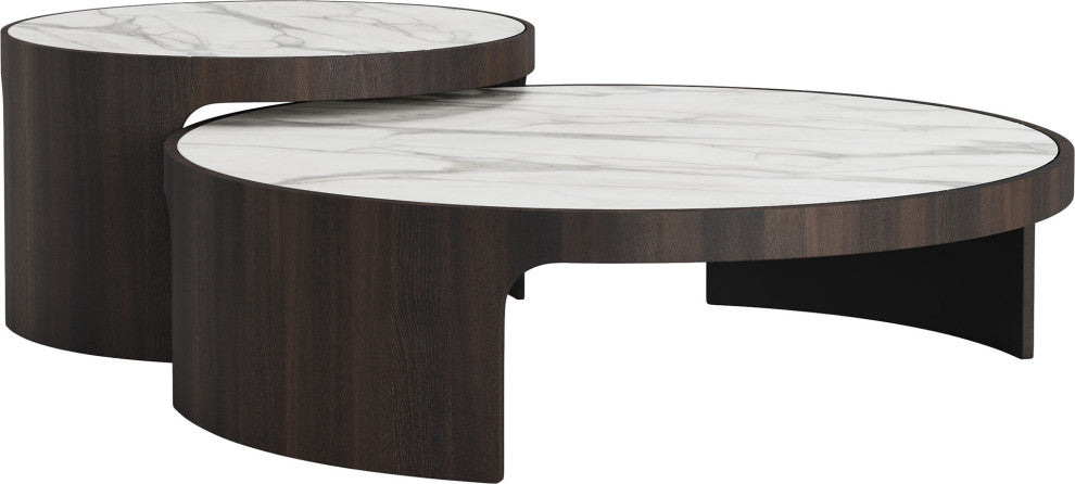 Oliver Nesting Coffee Tables, Smoked Oak and White Marble Ceramic