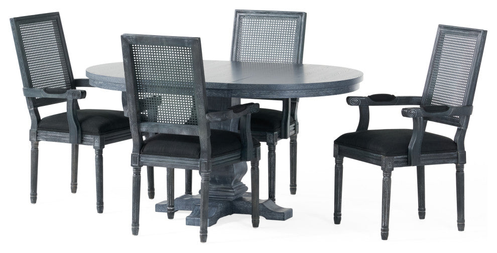 Zentner French Country Wood and Cane 5-Piece Expandable Dining Set, Black/Gray/Gray