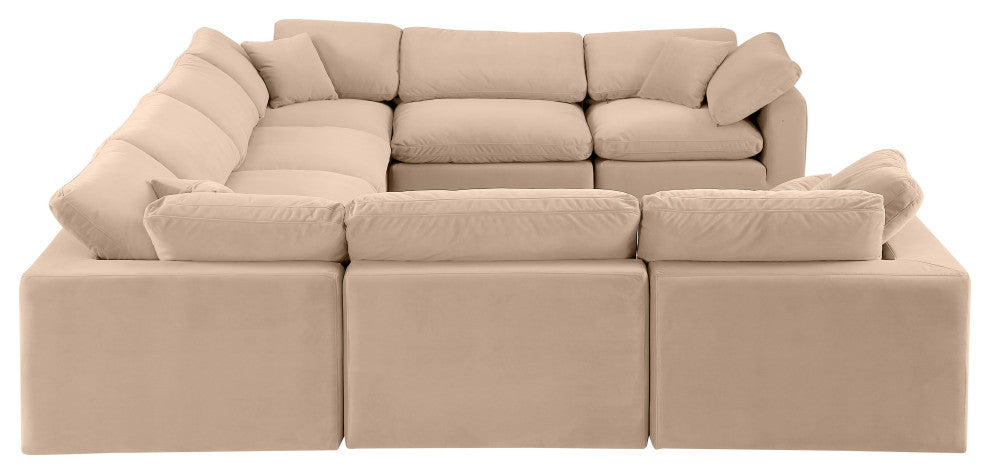 Comfy Upholstered U-Shaped Modular Sectional, Beige, 8-Piece: 4 Armless Chair, 4 Corner Chair, Velvet