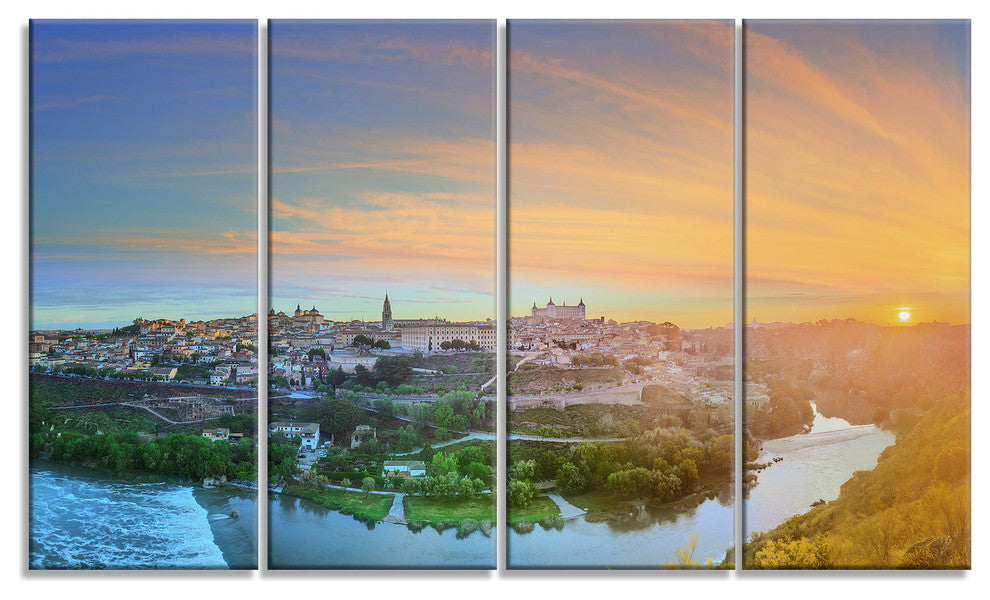 Hill over the Tagus River Spain, Landscape Canvas Art Print, 48"x28", 4 Panels