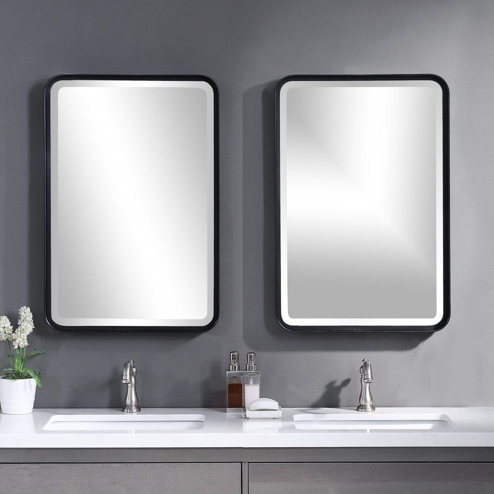 Minimalist Rustic Black Metal Wall Mirror, 30" Thin Frame Curved Edge Vanity
