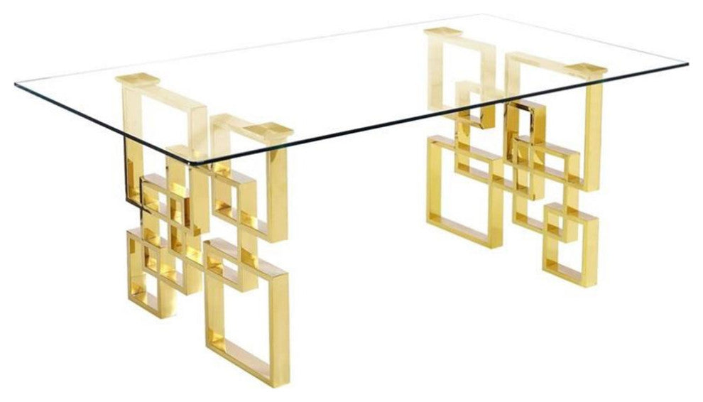 Rectangular Clear Glass 5pc Dining Set with Gold Stainless Steel Base