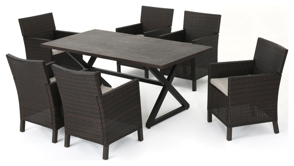 GDF Studio 7-Piece Blane Outdoor Gray Dining Set, Multi-Brown/Light Brown