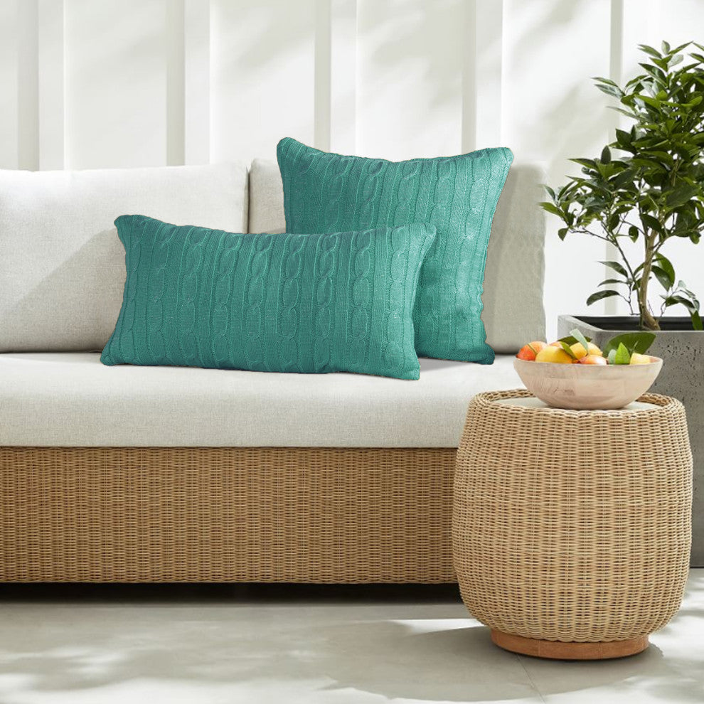 Cable Knit 2 Piece Throw Pillow Shell Set, Blue Turquoise, 2 Piece, 20"x20"