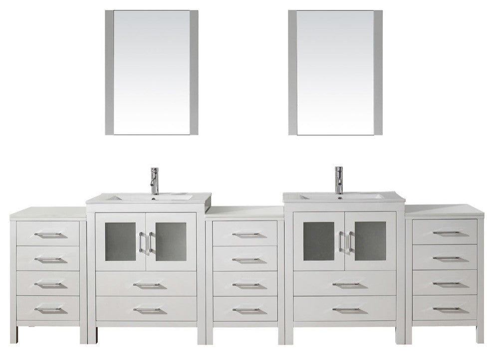 Virtu Dior 110" Double Bathroom Vanity, White, Polished Chrome Faucet, Mirrors
