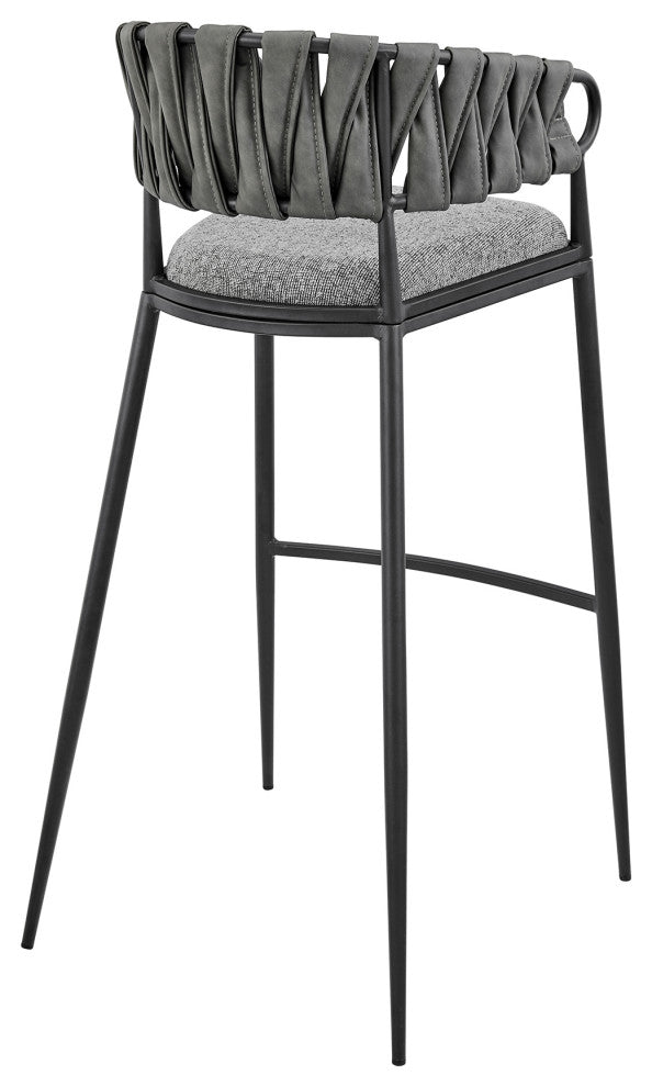 Vigona Bar Stool in Black Metal with Grey Fabric and Faux Leather
