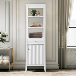 Vanity Art 21" Freestanding Linen Cabinet, Linear White, Matte Black Handle