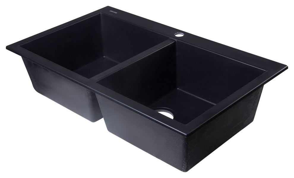 ALFI brand AB3420DI-BLA  Black 34" Drop-In Double Bowl Granite Kitchen Sink