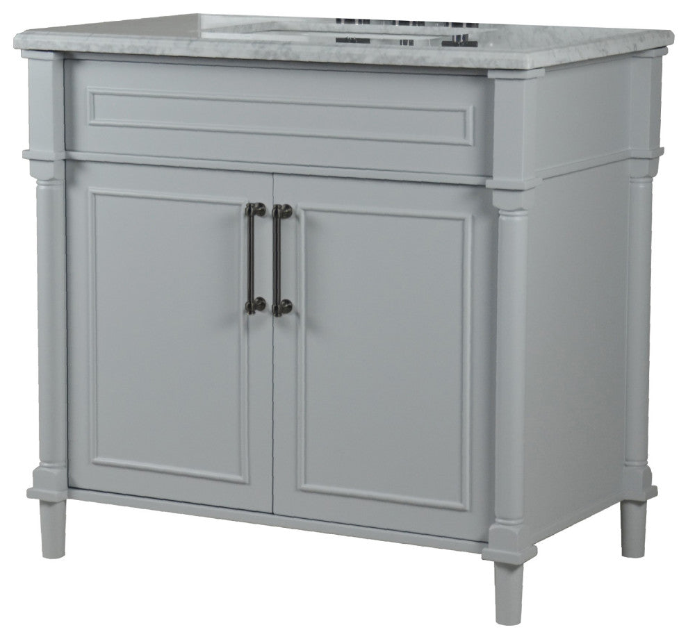 36" Single Vanity, Light Gray With White Carrara Marble Top