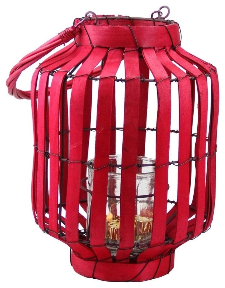 20" Tropicalia Cabana Tiki Bar Votive Candleholder Lantern, Blush Red