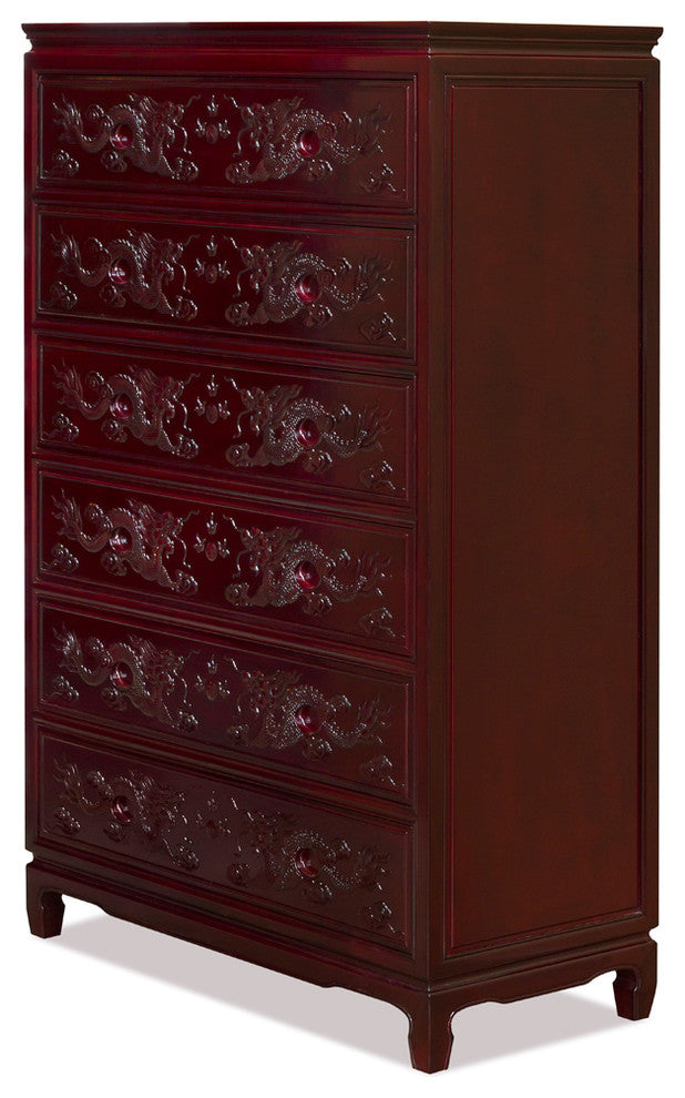Dark Cherry Rosewood Dragon High Chinese Chest of Drawers