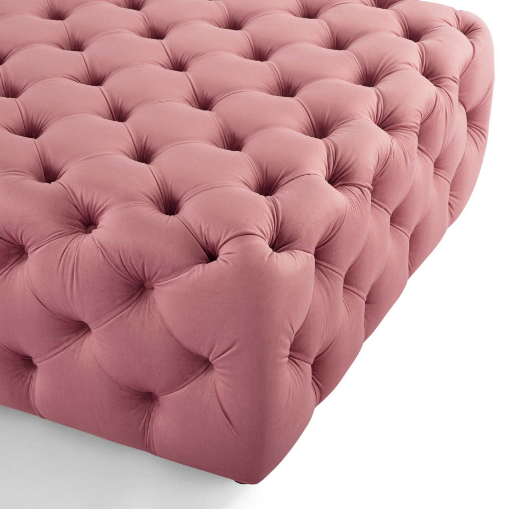 Tufted Accent Chair Ottoman, Square, Velvet, Pink, Modern, Lounge Hospitality