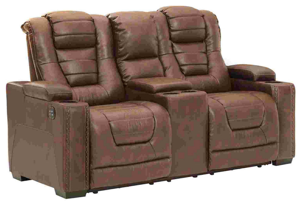 Benzara BM262327 Power Recliner Loveseat With Adjustable Storage Headrest, Brown
