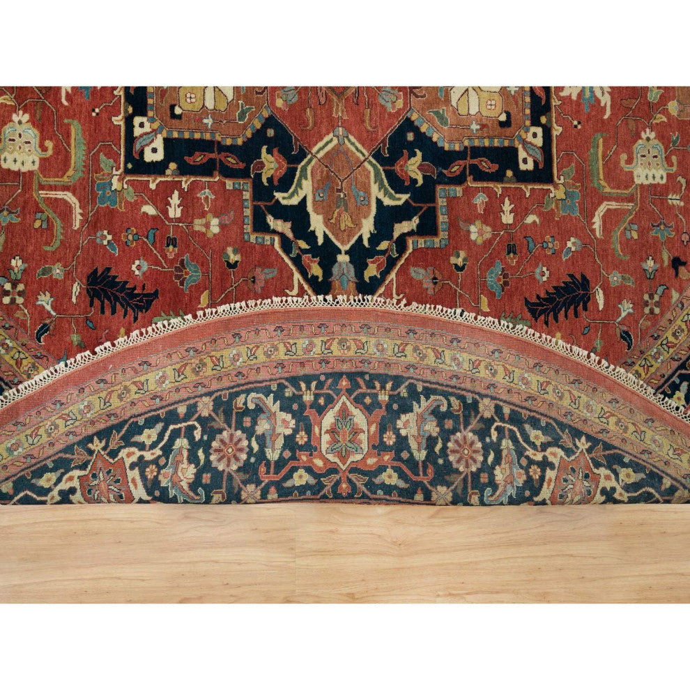 Red Hand Knotted Antiqued Fine Heris Re-Creation Wool Round Rug 11'10"x11'10"