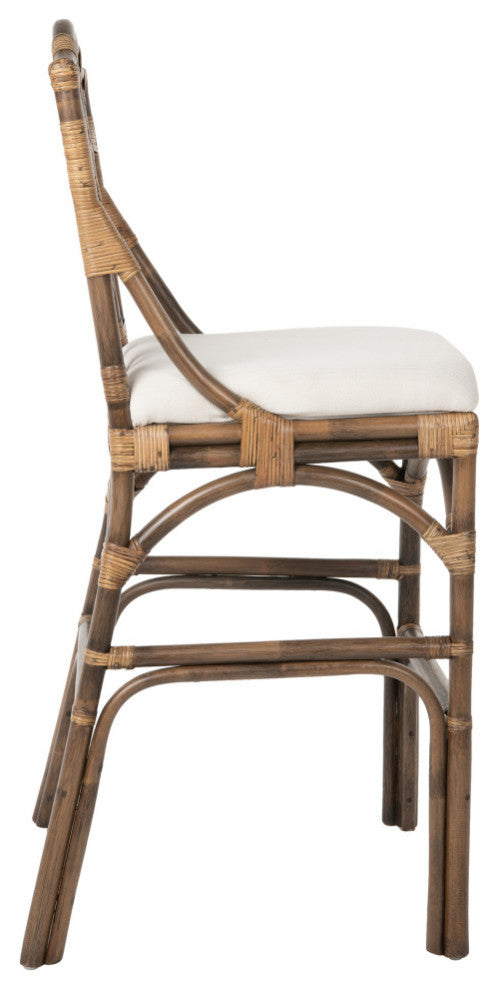 Chippendale Rattan Barstool, Antique Brown and Off-White Upholstery