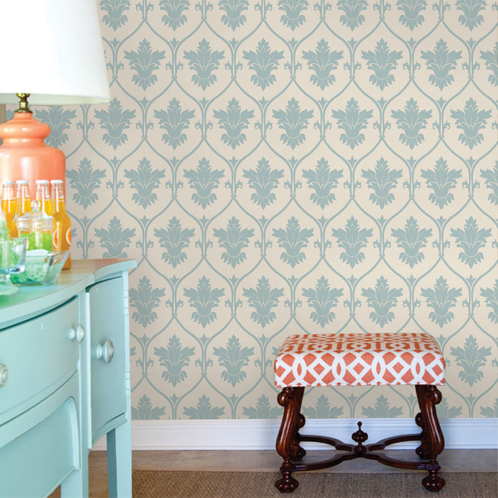 Damask Wallpaper, Peel and Stick, Dusky Blue, 24"w X 60"h