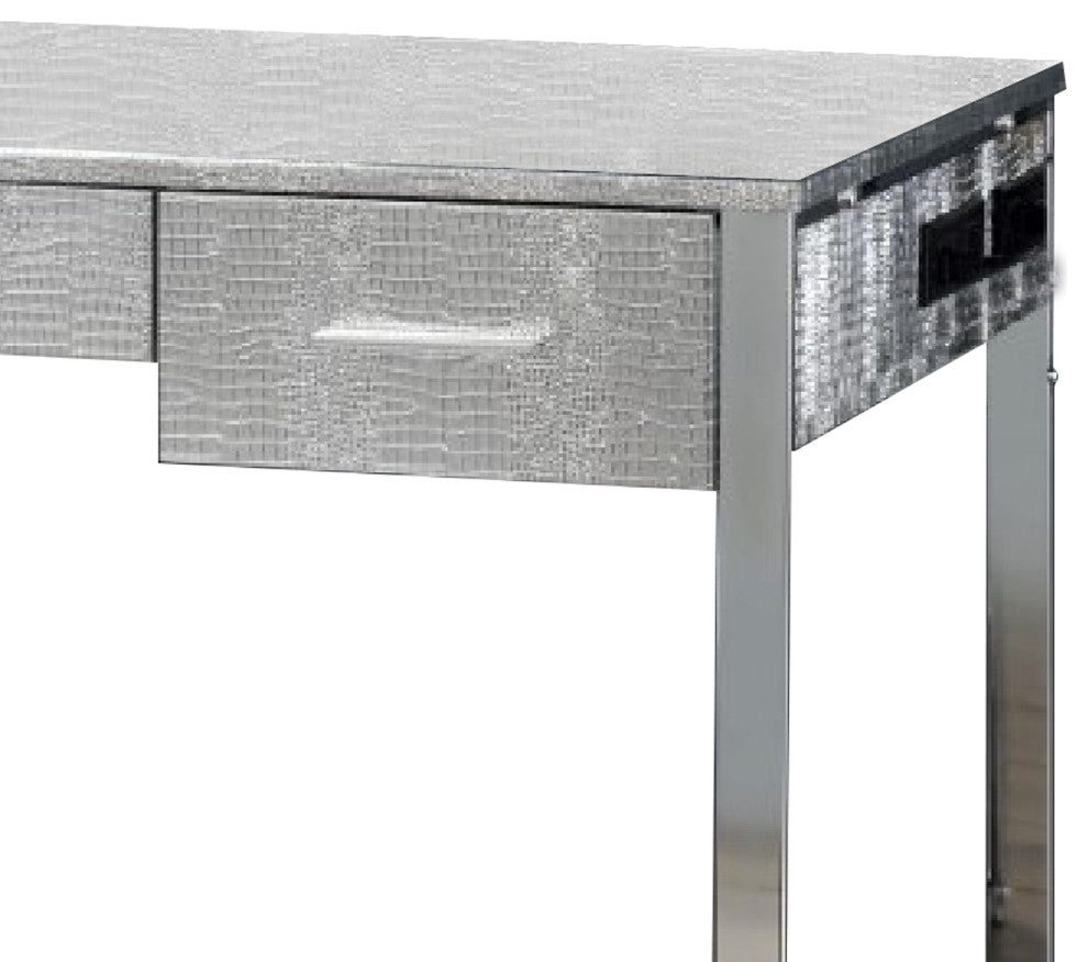 Benzara BM274659 Textured Vanity Desk With Round Mirror, Metal Sled Base, Chrome