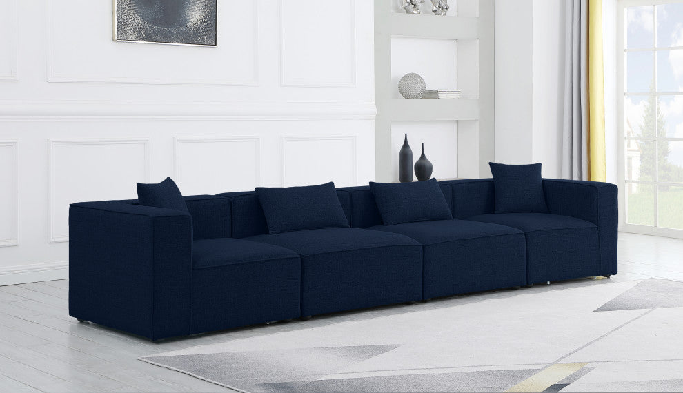 Cube Upholstered Modular Sofa, Navy, 4-Piece: 2 Armless Chair, 2 Corner Chair, Linen Texured Fabric