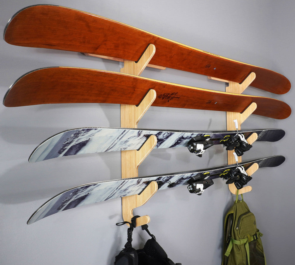Ski Rack - The Hallsteiner Series Horizontal Ski Wall Mount, Bamboo, Quad