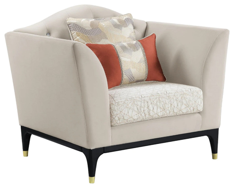 Benzara BM275497 44" Chair, Velvet, Arched, Button Tufted, Metal Legs, Beige
