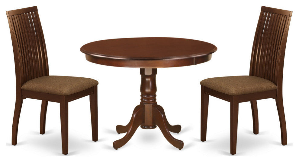 3Pc Dinette Set Includes Rounded Kitchen Table, Two Seat Dining Chairs, Mahogany