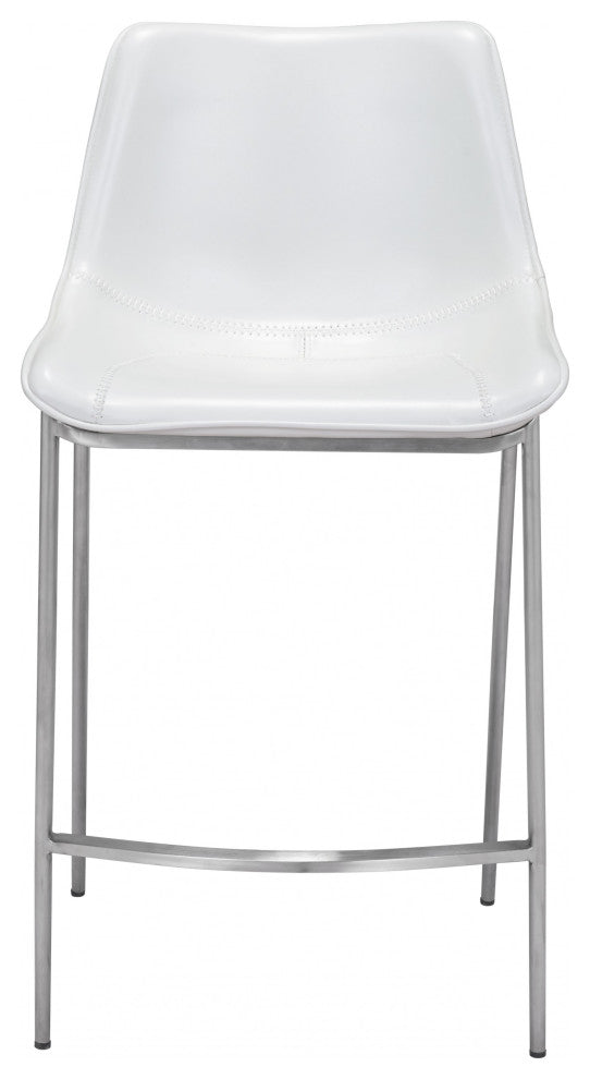 Set of Two White Faux Leather and Steel Modern Stitch Bucket Counter Chairs