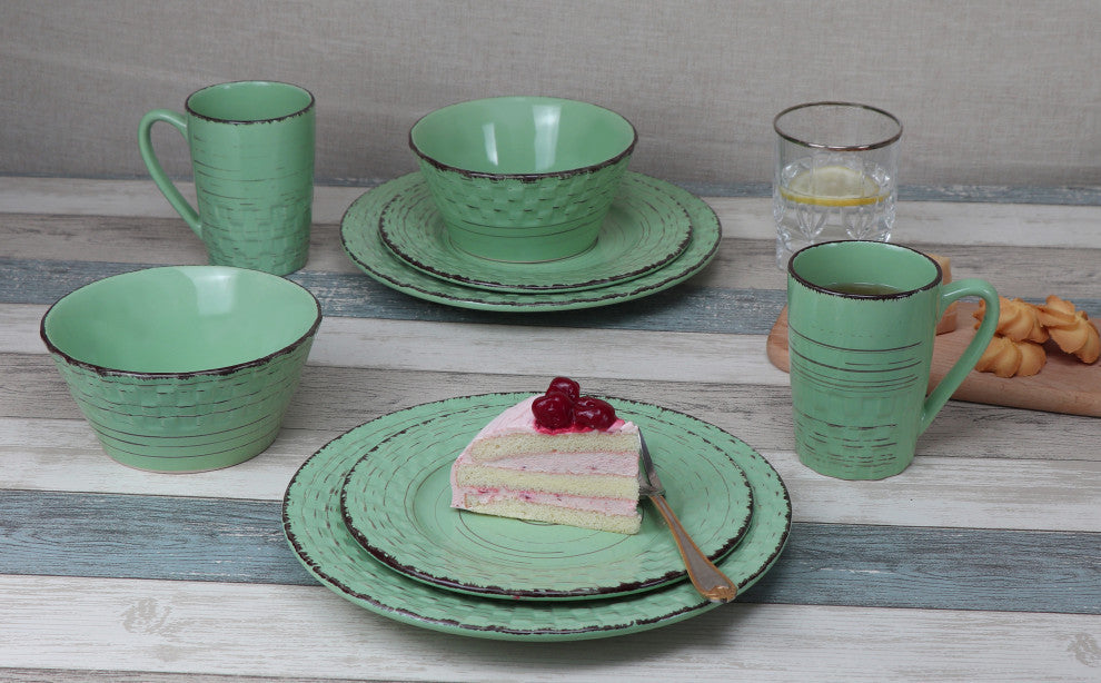 Basketweave 16 Piece Stoneware Dinner Set, Service for 4, Green