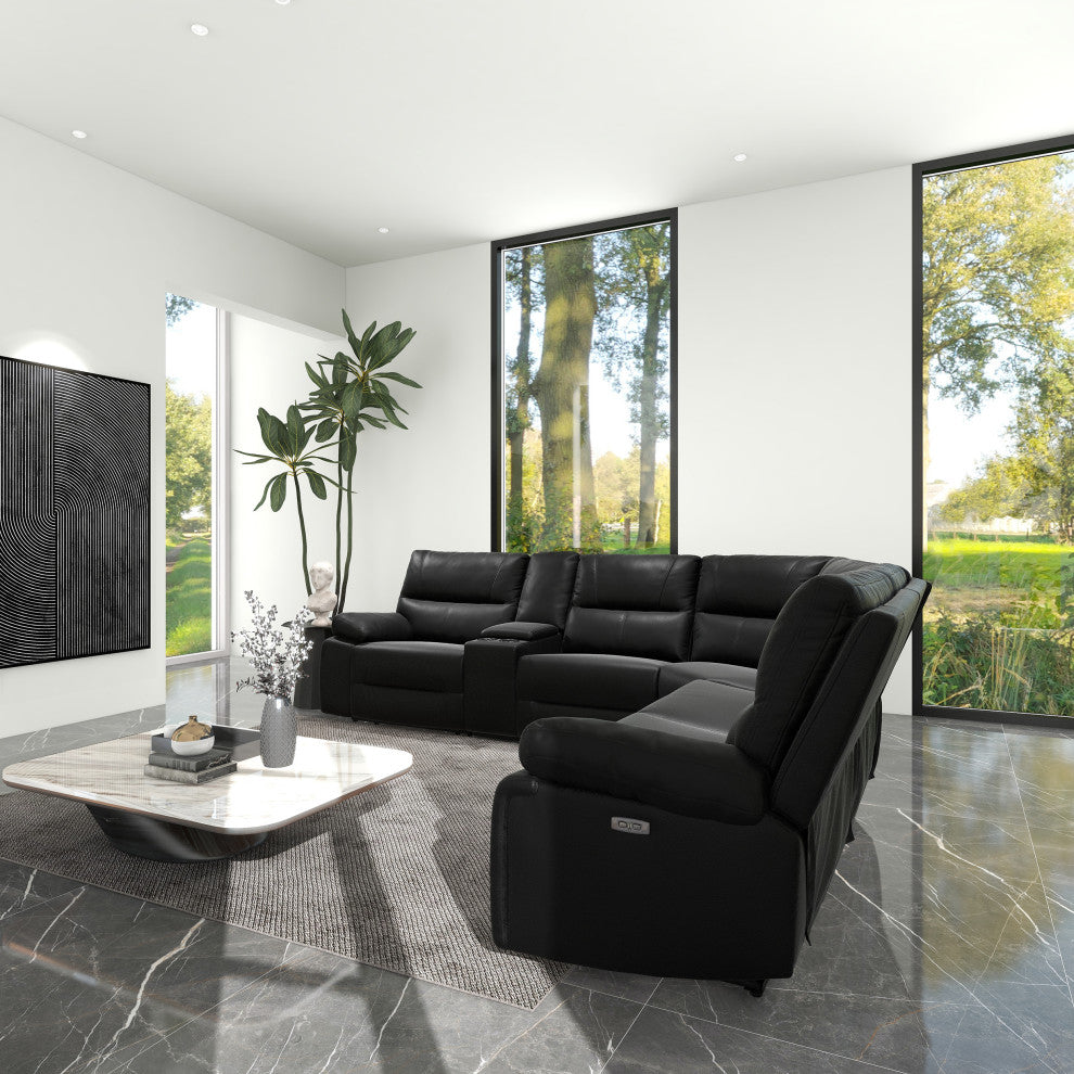 Malibu 130" Top Grain Leather 6-Piece Power Reclining Sectional, Coal Black