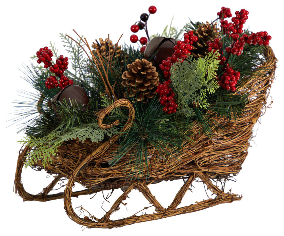 18" Christmas Sleigh With Pinecones & Berries Artificial Christmas Arrangement