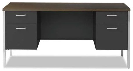 Classic Executive Desk, Chrome Legs & Large Top With Side Drawers, Walnut/Black