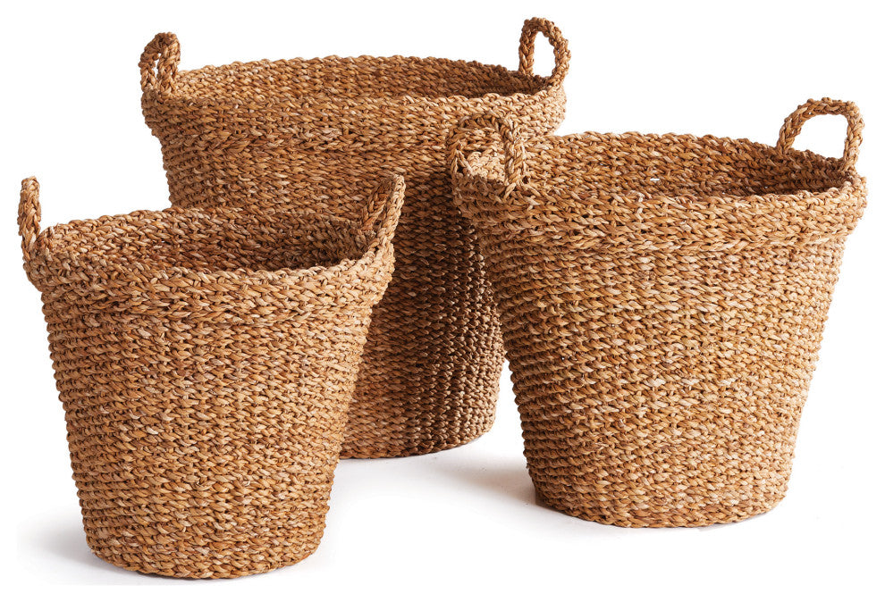Seagrass Tapered Baskets With Handles And Cuffs, Set of 3
