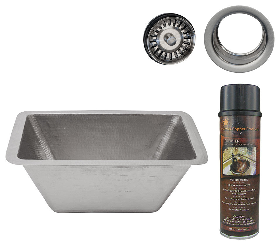 17" Rectangle Copper Prep Sink, Nickel, 3.5" Drain Opening, Drain & Accessories