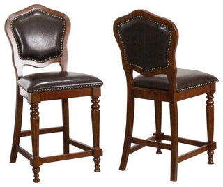 Upholstered Barstools With Backs, Distressed Cherry Brown Wood, Set of 2
