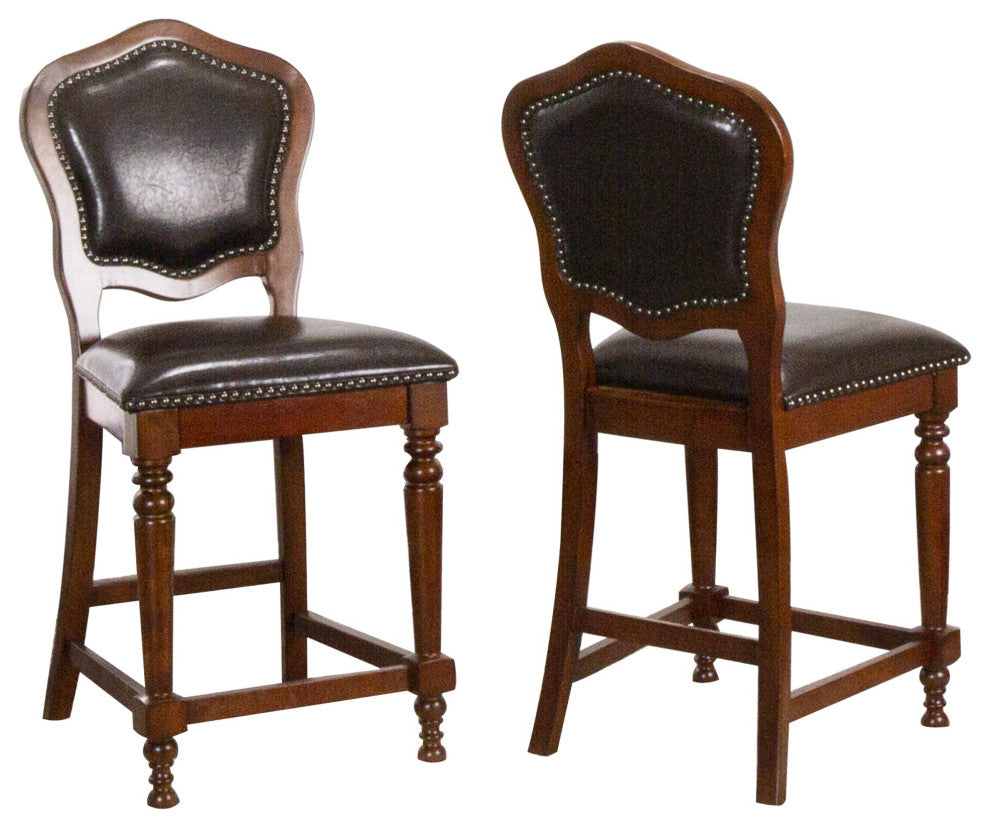 Upholstered Barstools With Backs, Distressed Cherry Brown Wood, Set of 2
