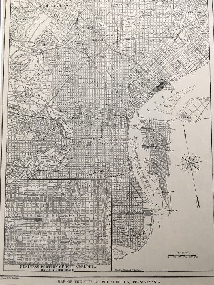 Original Vintage 1920s Philadelphia Map, Framed