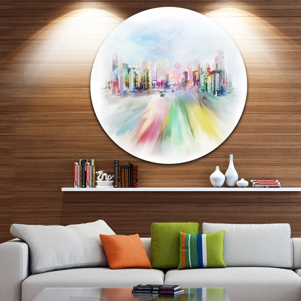 Silhouette Of Big City, Digital Cityscape Round Wall Art, 36"