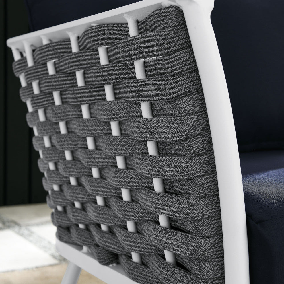 Lounge Chair, Navy White, Aluminum, Modern, Outdoor Patio Bistro Hospitality