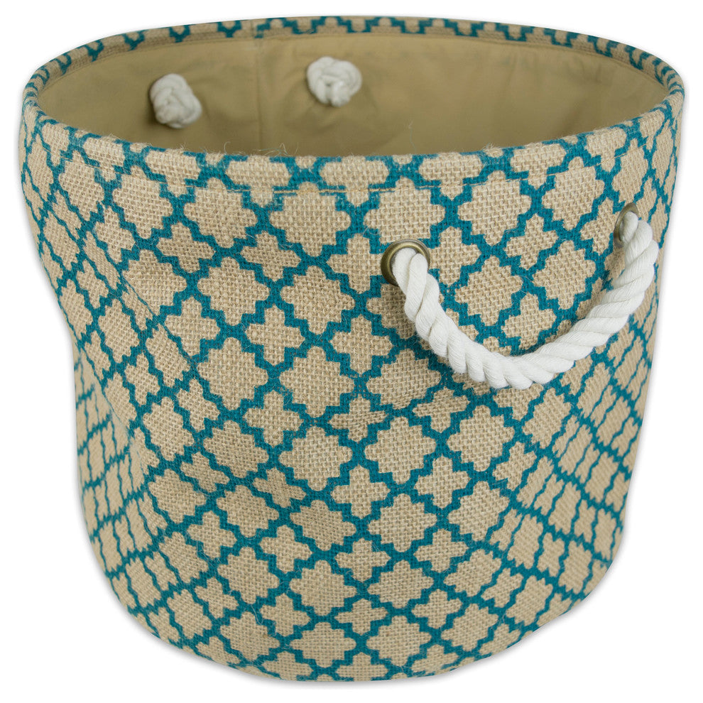 DII Burlap Bin Lattice Teal Round Large 15x16x16"