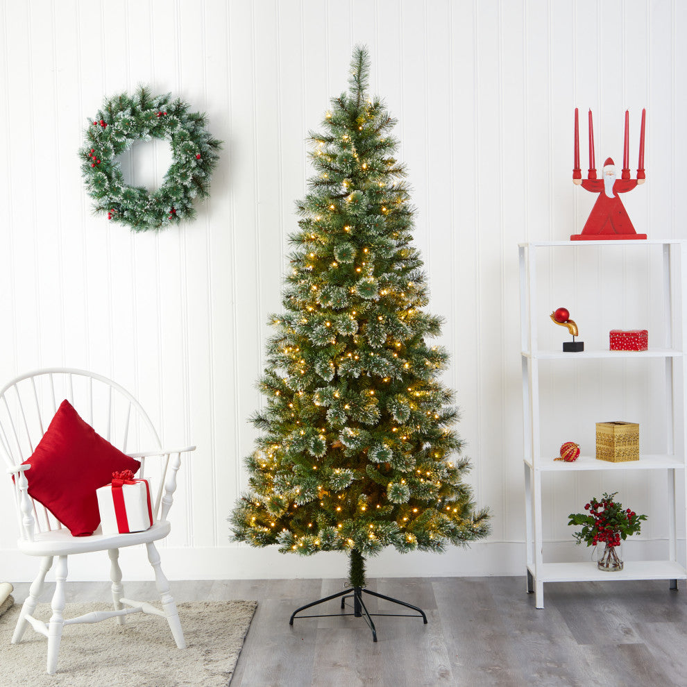 7' Wisconsin Slim Snow Tip Pine Faux Christmas Tree With 400 Clear LED Lights