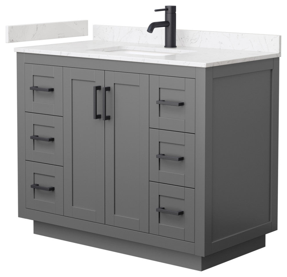 42"SGL Vanity Dark Gray, Light-Vein Carrara Cult. Marble Top, Sink, Black Trim