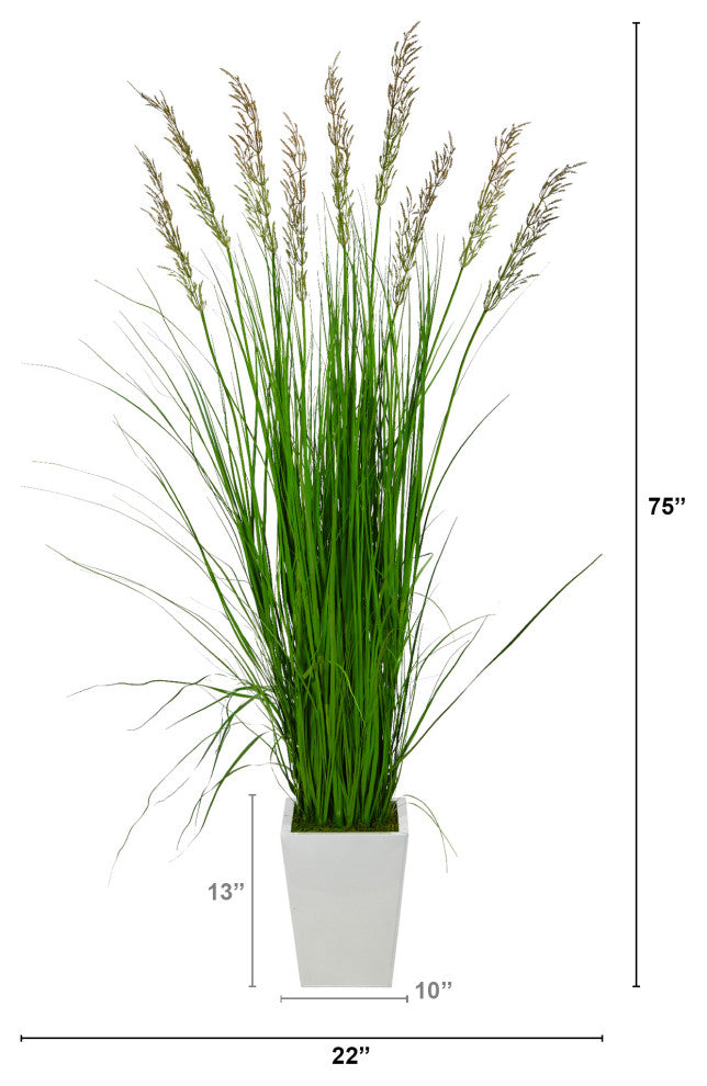 75" Grass Artificial Plant, White Metal Planter