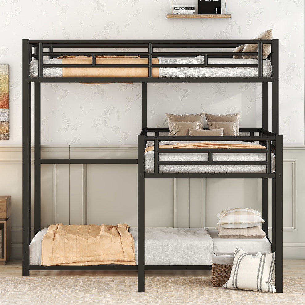Gewnee L-shaped Metal Triple Twin Size Bunk Bed in Black